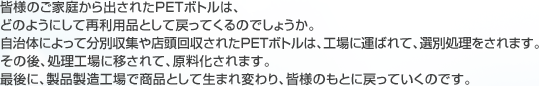 皆様のご家庭から出されたPETボトルは、どのようにして再利用品として戻ってくるのでしょうか。
自治体によって分別収集や店頭回収されたPETボトルは、工場に運ばれて、選別処理をされます。
その後、処理工場に移されて、原料化されます。
最後に、製品製造工場で商品として生まれ変わり、皆様のもとに戻っていくのです。